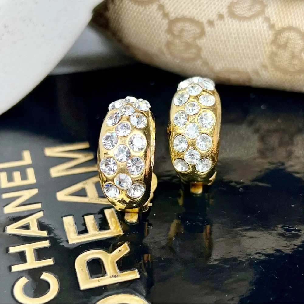 Chanel Vintage Crystal & Gold Plated Half Moon Clip-On Earrings